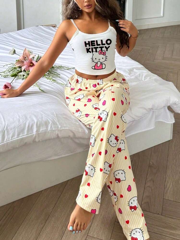 2pcs Hello Kitty Print Women's Camisole Crop Top + Straight Leg Elastic Waist Pants Loungewear Set - Yellow - View 5