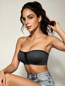 1pc Women's Comfortable Front-Closure Wireless Soft Lightweight Solid Color Unpadded Bralette - Black - View 5