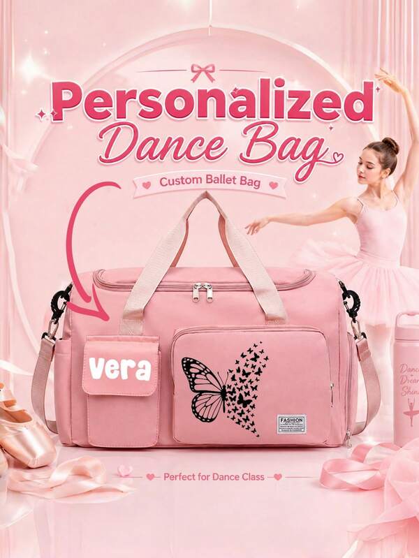Personalized Travel Organizer Bag, Black Butterfly Print, Large Capacity Independent Shoe Compartment Handheld Crossbody Multifunctional Bag, Dance Class Tote Bag, Suitable For Swimming Class, Fitness, Training, Back To School Season Gift