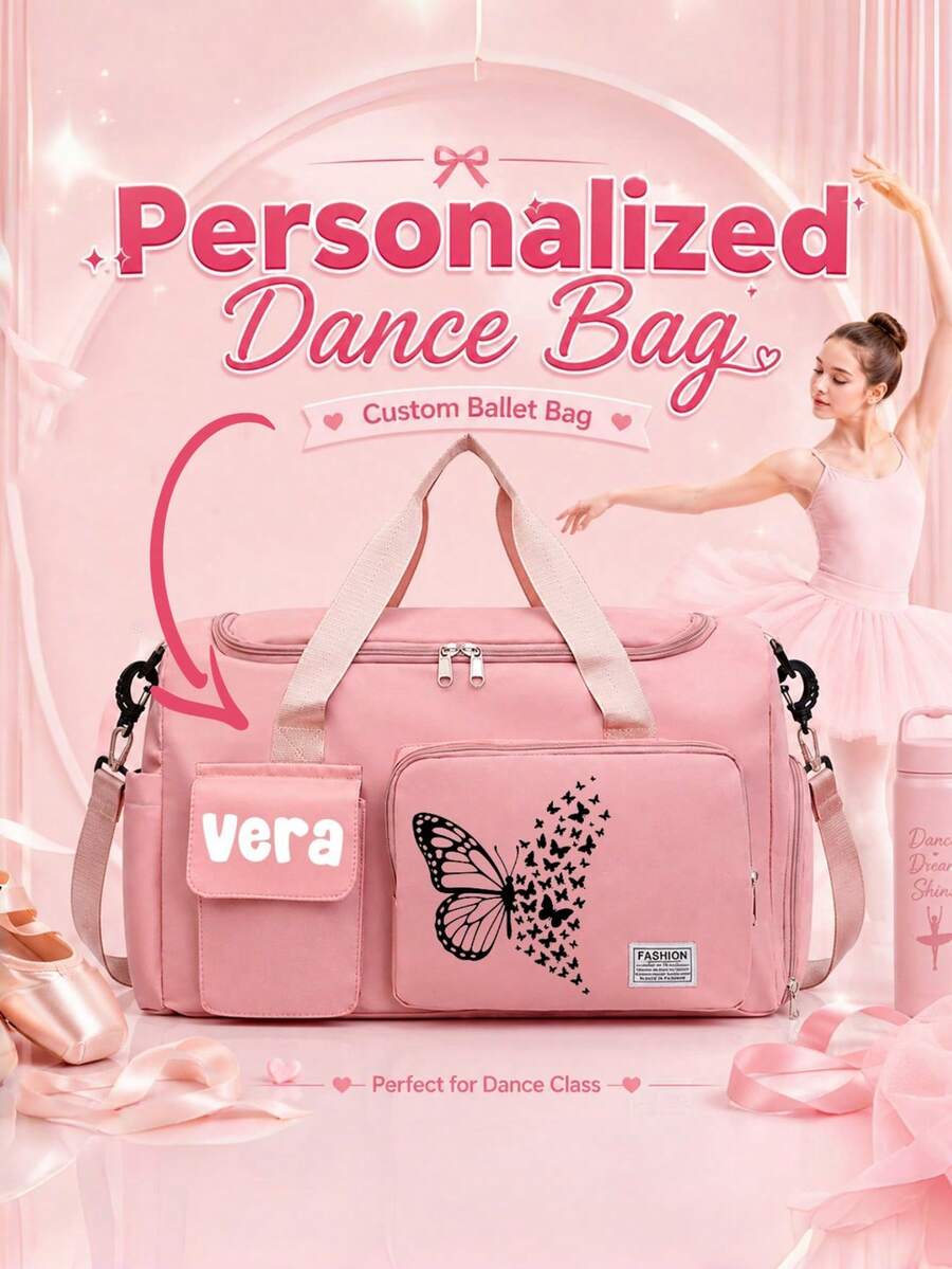 Personalized Travel Organizer Bag, Black Butterfly Print, Large Capacity Independent Shoe Compartment Handheld Crossbody Multifunctional Bag, Dance Class Tote Bag, Suitable For Swimming Class, Fitness, Training, Back To School Season Gift - Multicolor - View 1