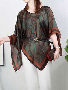 1PC Faux Silk Floral Print Lightweight Pullover Shawl, Women's Beach Sun Protection Outerwear, Loose Fit Versatile, Suitable For Daily Decorative Use - Cashew Flowers - View 2