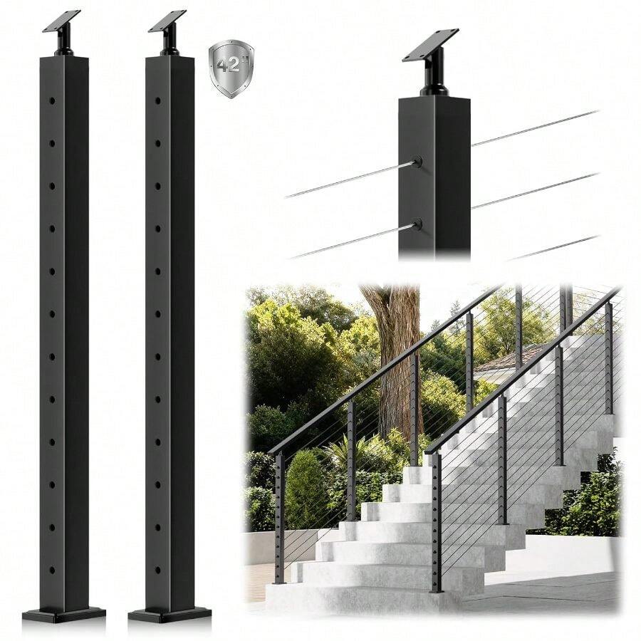 2Pack Railing Stair Posts, 42" Adjustable Top 33 Degree Drilled Fit 25-35 Degrees, Black With Stainless Steel Grommets - 2 Posts + Stair - View 1