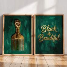 2pcs Emerald Green & Gold African Culture Canvas Wall Art, Featuring Gold Fist African Comb Sculpture And "Black Is Beautiful" Calligraphy Text, Thick Textured Oil Painting Style, Suitable For Living Room, Salon And Home Interior Meaningful Cultural Wall Decor - A - View 3