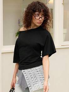 Women's Casual Style Summer Vacationl Ruched Black Short Sleeve T-Shirt For Fall Polyester Round Neck Top With Drop Shoulder, Medium Stretch Comfort - 黑色 - 查看 3