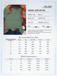 Acelitt Camiseta de punto de cuello redondo de manga corta con hombros y contraste de color a rayas, casual de verano - Verde - Ver 3
