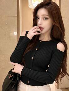 2026 Hot Girl Style Off-Shoulder Knitted Cardigan, Elastic Knit Fabric Slimming Cardigan For Women 18-35 Years Old Black - Black - View 2