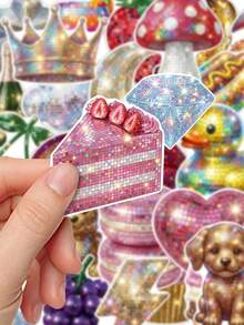 Paquete de 50 pegatinas de purpurina disco Y2K, pegatinas de vinilo brillantes de frutas, postres y plantas para fiestas, adecuadas para portátil, diario, escuela, equipaje y manualidades DIY - Multicolor - Ver 2