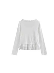 Women's New Autumn 2 In 1 Patchwork Design Long Sleeve T-Shirt With Lace Trim And Tie Detail - White - View 7