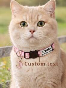 Customized Pet Collar With Gold Foil Moon And Stars Pattern Anti-Choking Buckle With Bell And Pendant Engraved Reflective Personalized Cat Collar For Small Dogs - Pink - View 1