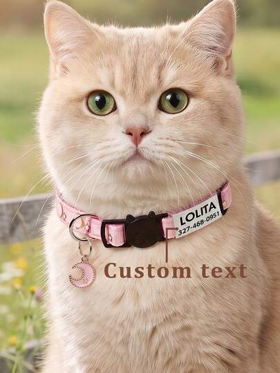 Customized Pet Collar With Gold Foil Moon And Stars Pattern Anti-Choking Buckle With Bell And Pendant Engraved Reflective Personalized Cat Collar For Small Dogs