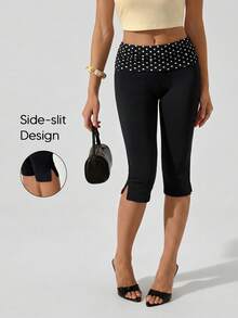 Black Polka Dot Side Slit Casual Skinny Capri Leggings For Women, Autumn, Back To School Summer - Black - View 6