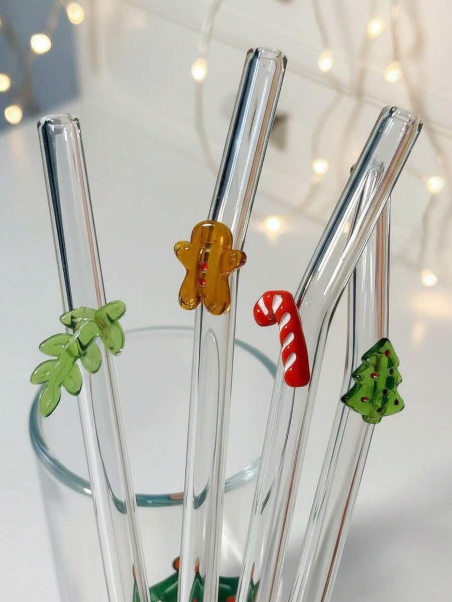 GASUDIN 4pcs Reusable Bent Glass Straw Set - High Borosilicate Glass Material, Includes Cleaning Brush - Christmas Theme, Holiday Patterns (Christmas Tree, Candy Cane, Holly, Gingerbread Man) - Ideal Gift For Home, Cafe, Party