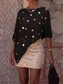 Summer New Beach Vacation Women's Knit Cover-Up, Solid Color Sequin Shawl, Semi-Sheer Knit Top - Black - View 1