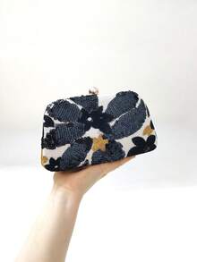LJDCRFT Elegant Floral Sequin Vintage Embroidered Clasp Evening Bag, Hard Shell Design, Suitable For Weddings, Proms, And Dates. - Black - View 3