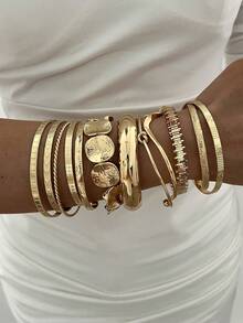 12/7pcs Vintage Elegant Wide Plain Metal Disc Beaded Elastic Bracelet Set, Suitable For Women's Daily, Party, Vacation And Multi-Occasion Wear, Gift - Gold - View 3