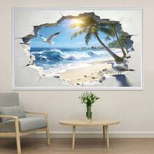 1pc Tropical Beach Wall Sticker, Ocean, Seagull, Coconut Tree, 3D Self-Adhesive Vinyl Sticker, Easy To Apply And Remove, Suitable For Bedroom, Living Room, Bathroom, Dorm, Peaceful Room Decor, Beach Theme Decoration, Create A Fresh Home Atmosphere - Multicolor03 - View 4