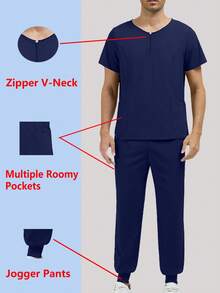 Men's V-Neck Top + Sweatpants Set, Wrinkle-Resistant Workwear - Navy Blue - View 2