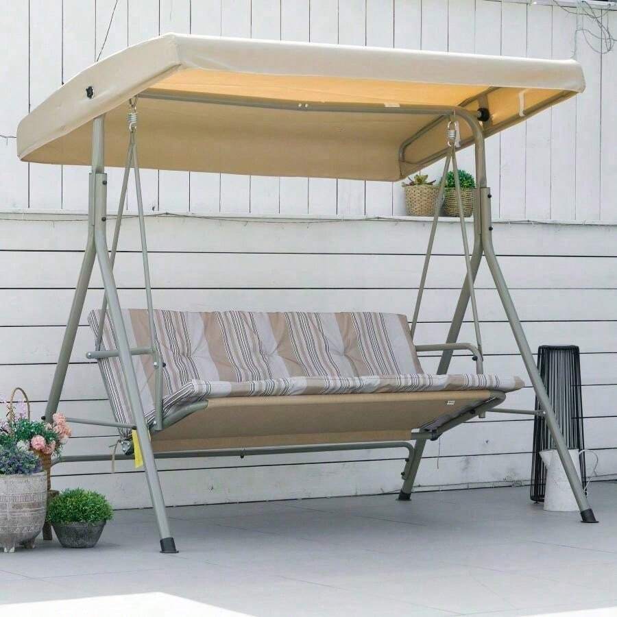 3 Seater Garden Swing Chair, Patio Rocking Bench With Tilting Canopy, Removable Cushion - Brown - View 1