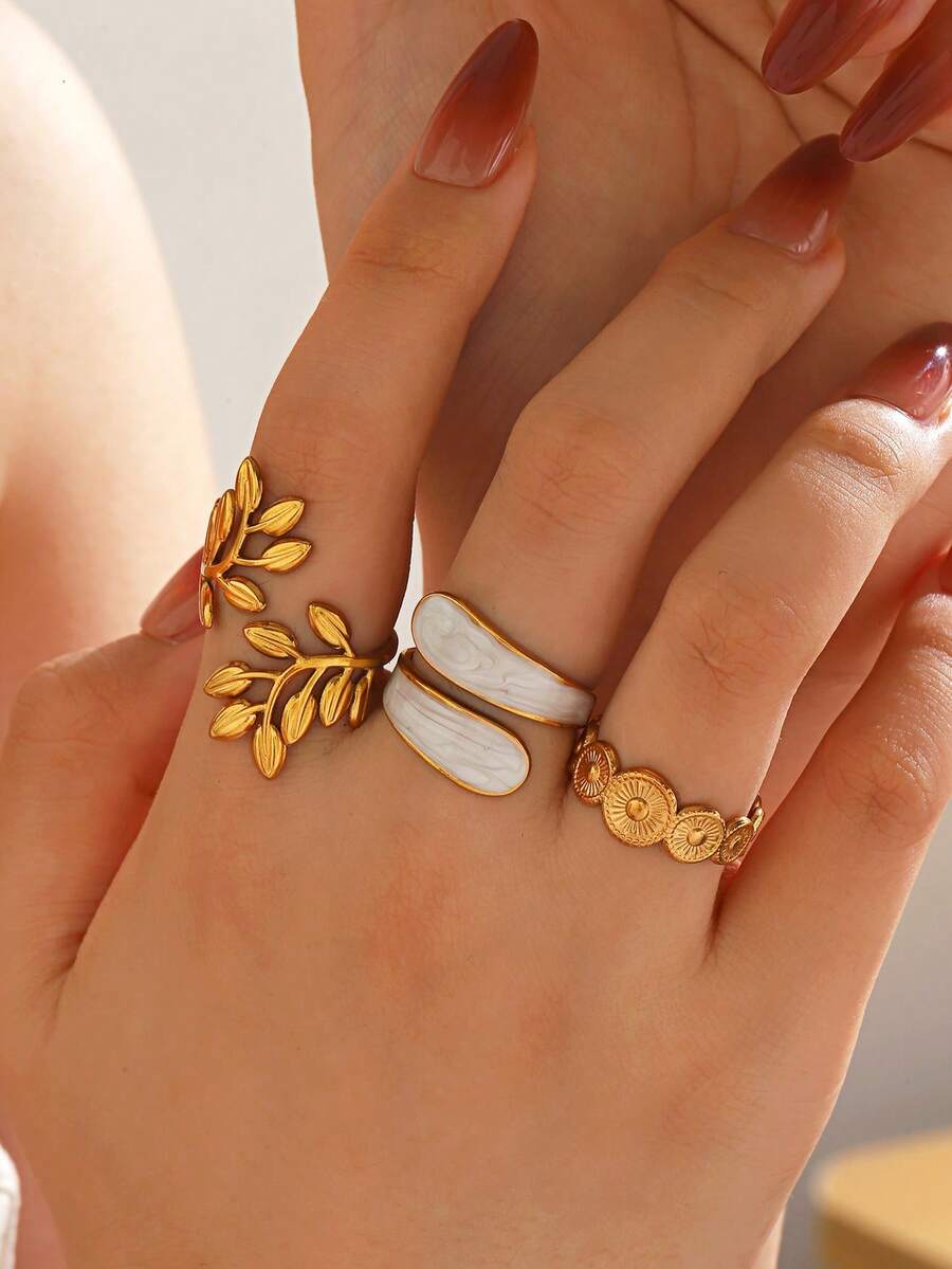 3pcs Stainless Steel Minimalist Fashion Leaf & Sun Rings Set, Suitable For Women's Daily Wear And Party - Multicolor - View 1