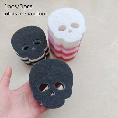 1/3/5pcs New Skull Design Sponge Dishcloth, 3-Layer Composite Magic Stain Removal Dish Scrubbing Cloth (Random Color), Suitable For Washing Pots, Dishes, Plates, Bathroom, Kitchen, Halloween Decoration