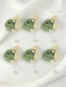 1pc/2pcs/6pcs Green Rose With Lace, Small Flowers, Beads And Gold Leaves High-End Corsage And Wrist Flower For Groom, Bride, Groomsman, Bridesmaid Wedding, Engagement, Party, Banquet, Anniversary, Event - Multicolor - View 6