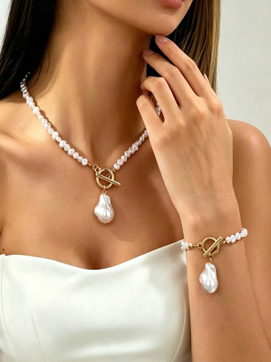 2pcs/Set Necklace And Bracelet Set, Women's Faux Baroque Pearl Jewelry Set, Suitable For Daily Wear - White - View 1