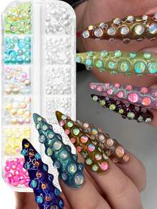 12 Grid Iridescent Mermaid Bubble Nail Beads Flat Back Aurora Rainbow Water Drop Pearl Charms Mixed Color Size 3D Transparent Dome Nail Rhinestones For Cat Eye Bubble Manicure DIY Nail Art Decorations Makeup Craft Accessories - Multicolor - View 2