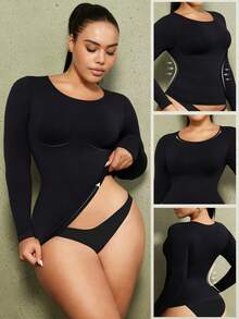 PAUKEE Plus Size Women's Shaping Long Sleeve Top, Tummy Control, Waist Shaping, Seamless Design Sports Bras, Lingerie For Women Plus Size, Lounge Sets For Women, Corset Tops For Women - Black - View 11