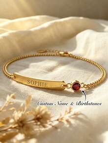 1pc Customized Gold Bracelet, Personalized Gift For Her, Christmas Gift, Girls Bracelet, Customized Engraved Birthstone Name Bracelet, Delicate Gold Bracelet, Waterproof Jewelry, Commemorative Gift - Gold - View 1