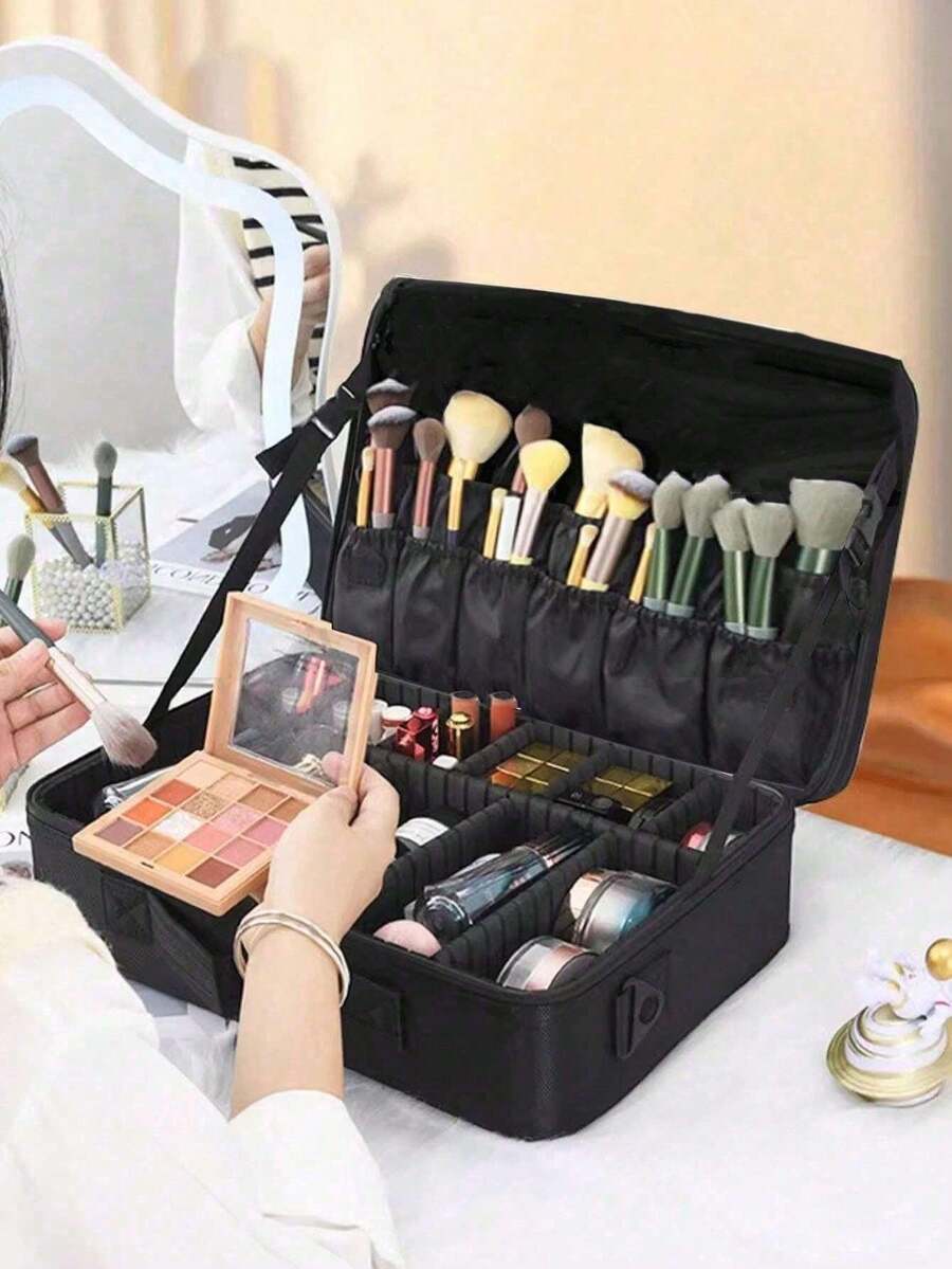 Large-Capacity Professional Cosmetic Case, Can Be Attached To A Trolley Case, Multi-Functional Shoulder And Double-Shoulder Makeup Artist Cosmetic Storage Box, Beauty And Nail Art Storage Box, Bedroom Room Decor, Back To School - Black - View 1