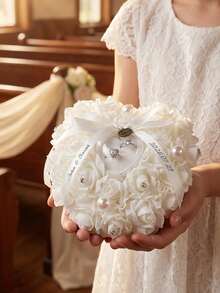 1pc Personalized Heart-Shaped Floral Ring Pillow Box With Elegant Lace Ribbon, Customizable Wedding Ring Holder Box, Bride Bridesmaid Proposal Gift - Multicolor - View 9