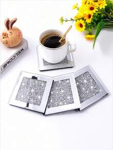 4 piezas/Juego de posavasos de cristal con cristales de Rhinestone, espejo de cristal elegante, tapete cuadrado para taza de té, taza de café, mesa de comedor, decoración de mesa de fiesta y bar - Plateado - Ver 4