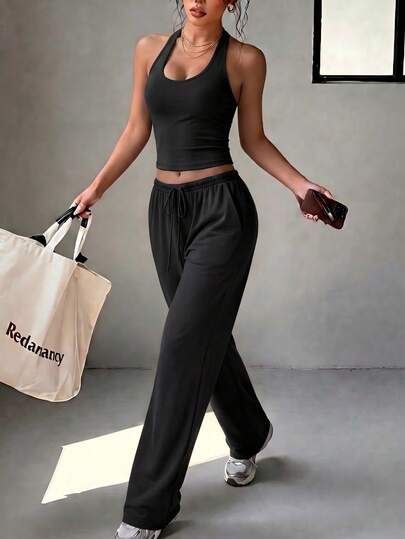 FWH Women's Spaghetti Strap Backless Sports Set, High Waist Loose Straight Leg Pants With Sleeveless Camisole Tank Top Set, Casual Yoga, Running And Fitness Multi-Purpose, Spaghetti Strap Design Outlines Curves, Loose Straight Leg Pants Shopping Essential, With Pockets Waist-Cinched Slimming Hot Girl Street Outdoor Commute Removable Chest Pads Sexy Casual Women's Camisole Tank Top + Straight Loose Long Pants Sports Two Pieces Set