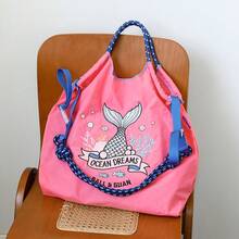 1pc New Embroidered Fish Tail Pattern Storage Nylon Large Capacity Foldable Shopping Bag Commuter Beach Party Women's Shoulder Crossover Tote Bag - Multicolor - View 8
