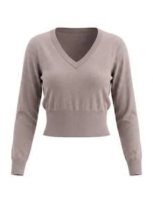 Women's Ribbed V-Neck Long Sleeve Knit Top, Medium Stretch, Suitable For Autumn And Spring Casual Wear - Khaki - View 10