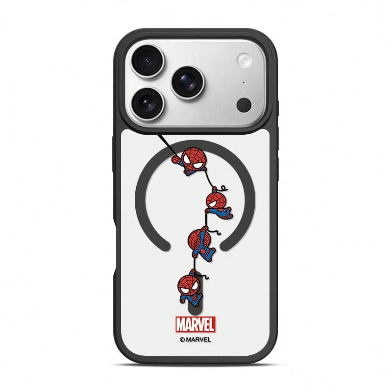 Miniso Marvel 蜘蛛人卡通磁吸 MagSafe 保護殼，適用於 iPhone 17/17 Pro Max/16/17 Pro/15/14/16 Plus/17 Air/13/15 Pro/12/15 Plus，適合學生使用，防摔硬殼，兼容 Apple 設備 - 黑色 - 查看 1