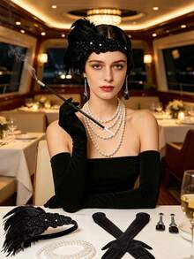 5pcs 1920s Women's Headpiece Elegant Costume Accessory Set, Premium Vintage Accessories Suitable For Bachelorette Party, Masquerade, Includes Headband, Gloves And Props, 4pcs Holiday Decoration - Multicolor - View 1