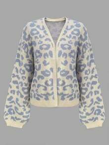 Plus Size Women's Street Fashion Leopard Print Jacquard Long Sleeve Knit Cardigan - Beige - View 5