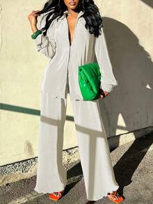 2 piezas Conjunto de camisa plisada con estampado casual y pantalones de pierna ancha, primavera blanco elegante para mujer - Blanco - Ver 3