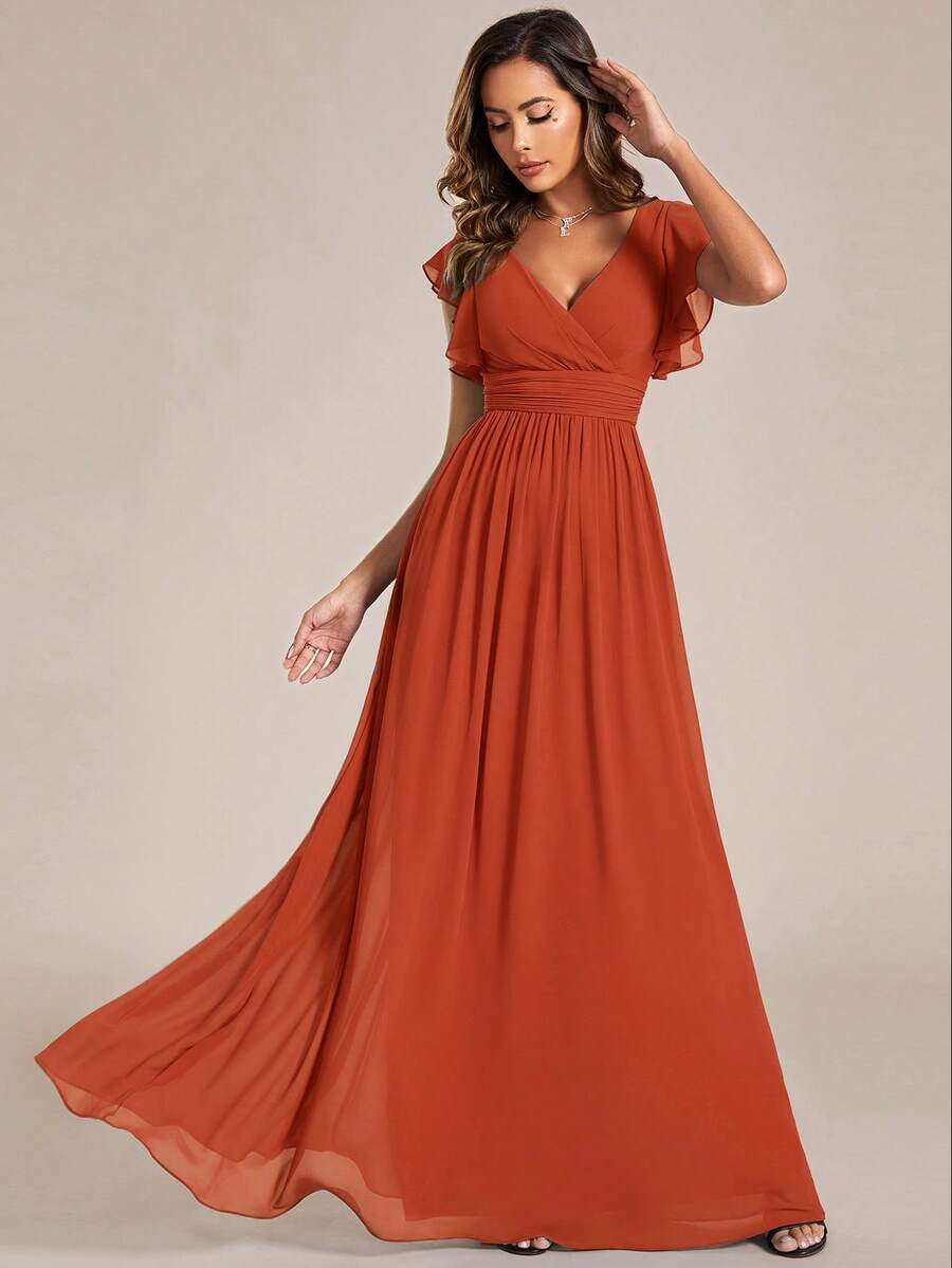 Chiffon Bridesmaid Dress, Short Sleeve Pleated V-Neck Draped Open Back Design Asymmetric Hem, Suitable For Wedding, Vacation Wear, Mother Of The Bride Dress Spring