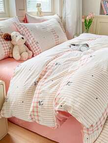 4pcs Striped Bow Duvet Cover Set, Breathable, Back To School, Dorm/Bedroom Bed Decor, (Includes 1 Duvet Cover + 1 Bed Sheet + 2 Pillowcases), Duvet Insert And Pillow Insert Not Included, Pillowcase Pattern Randomly Cut - Pink - View 11