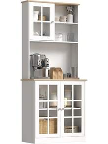 Kitchen Pantry Storage Cabinet, Freestanding Food Pantry Hutch Cabinet With Large Countertop Glass Doors And Adjustable Shelves, Modern Coffee Bar Microwave Stand Storage Organizer For Dining Room, Black - Black - View 11