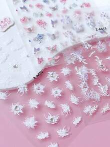 2pcs 5D Embossed Rhinestone Nail Sticker, Nails, DIY Decoration, Featuring White Snow Mowing, Aurora Iridescent Pink Purple Flowers, And Butterfly Patterns, Suitable For Creating Sweet, Dreamy, And Gentle Wedding Nail Art In Summer Nail Stickers - Multicolor - View 2
