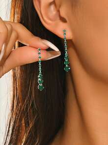 1 Pair Minimalist Light Purple Rhinestone Water Drop Tassel Earrings, Suitable For Women's Daily Wear, Party, Gift - Green - View 1
