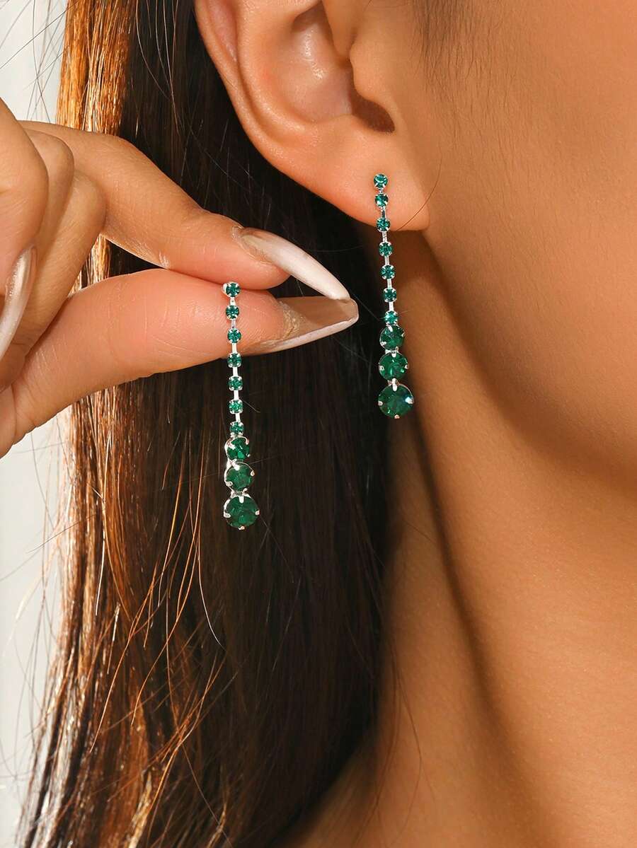 1 Pair Minimalist Light Purple Rhinestone Water Drop Tassel Earrings, Suitable For Women's Daily Wear, Party, Gift - Green - View 1