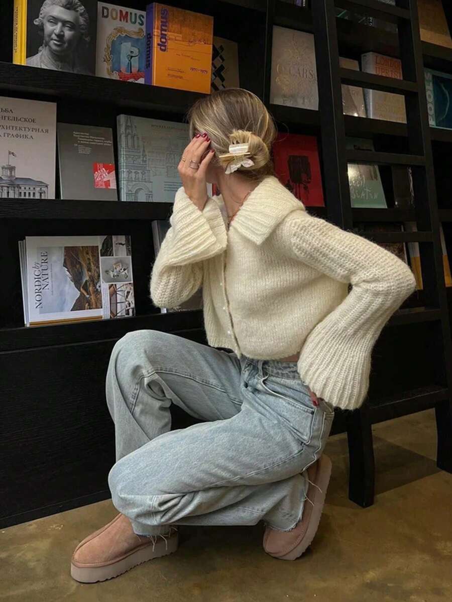 女款針織開襟衫，珍珠鈕扣裝飾，長袖短版毛衣，適合秋冬穿著 - 米色 - 查看 1