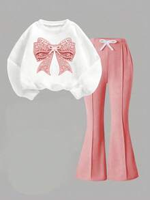 Toddler Bow Pattern Crew Neck Sweatshirt And Flare Pants - Pink - View 2