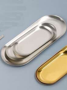 1pc Silver Stainless Steel Oval Tray, Non-Slip Multi-Purpose Storage Dish For Cups, Desserts, Jewelry, Stationery, Kitchen Home Desktop Organizer, Halloween Christmas Gift And 2026 Back To School Essential - Multicolor - View 3