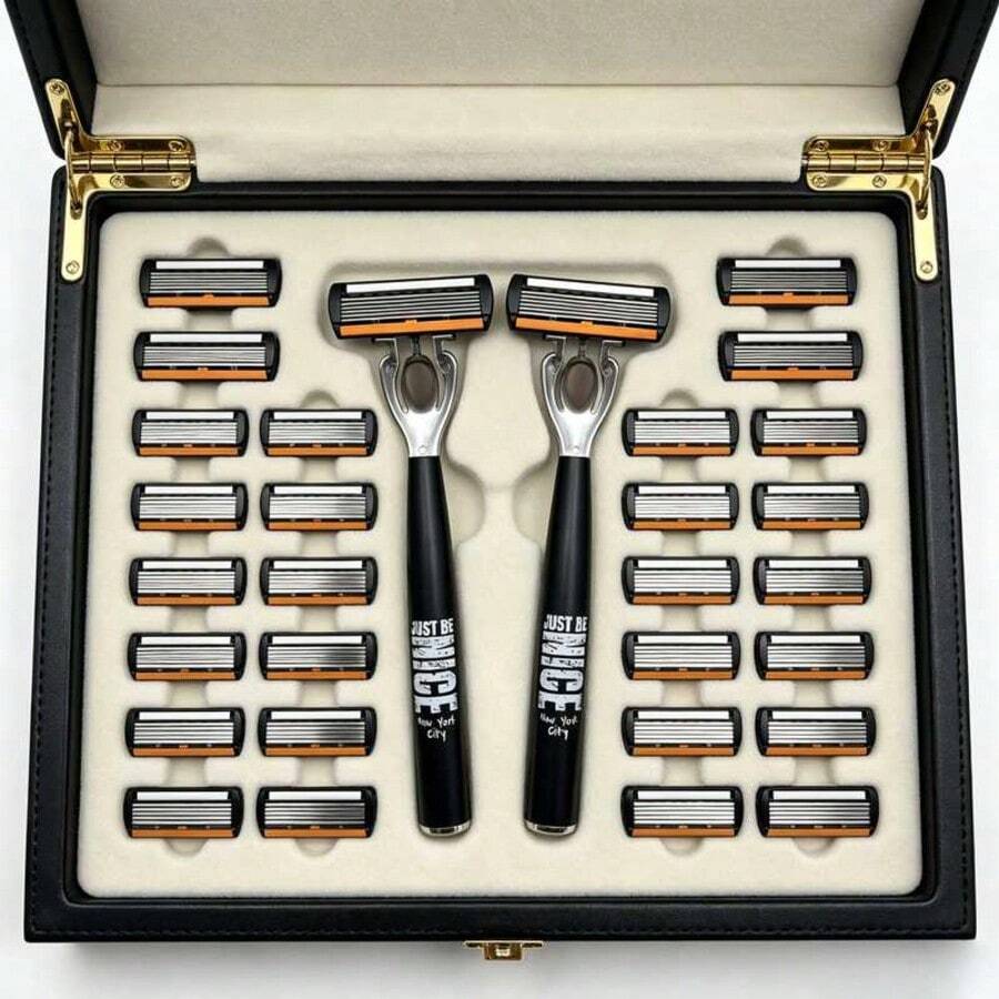 2pcs Black NICE Handle 36pcs Replacement Blades 6-Layer Manual Shaving Set | Men's Manual Shaving Set With 6-Layer Stainless Steel Blades And Aloe Vera Lubricating Strip | Reusable, Smooth Comfortable Clean Shave, Easy To Rinse And Clean
