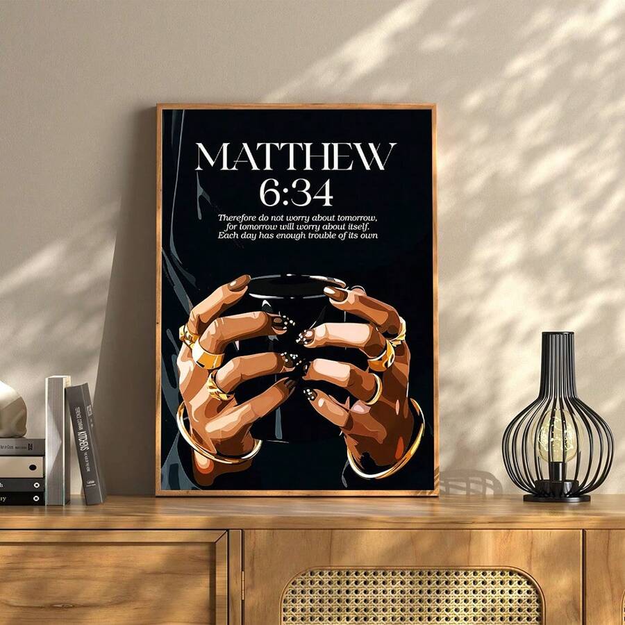 1pc Matthew 6:34 Bible Verse Canvas Wall Art Holding Coffee Painting Modern Christian Scripture Poster Melanin Fashion Aesthetic Room Decor For Living Room Unframed/Framed/Wooden Hanging - Pattern - View 1